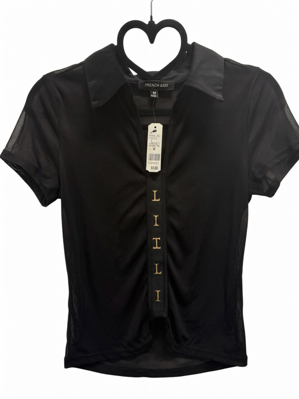 NWT FRENCH KISS BLACK MESH HOOK & EYE RUCHED BLOUSE -M-